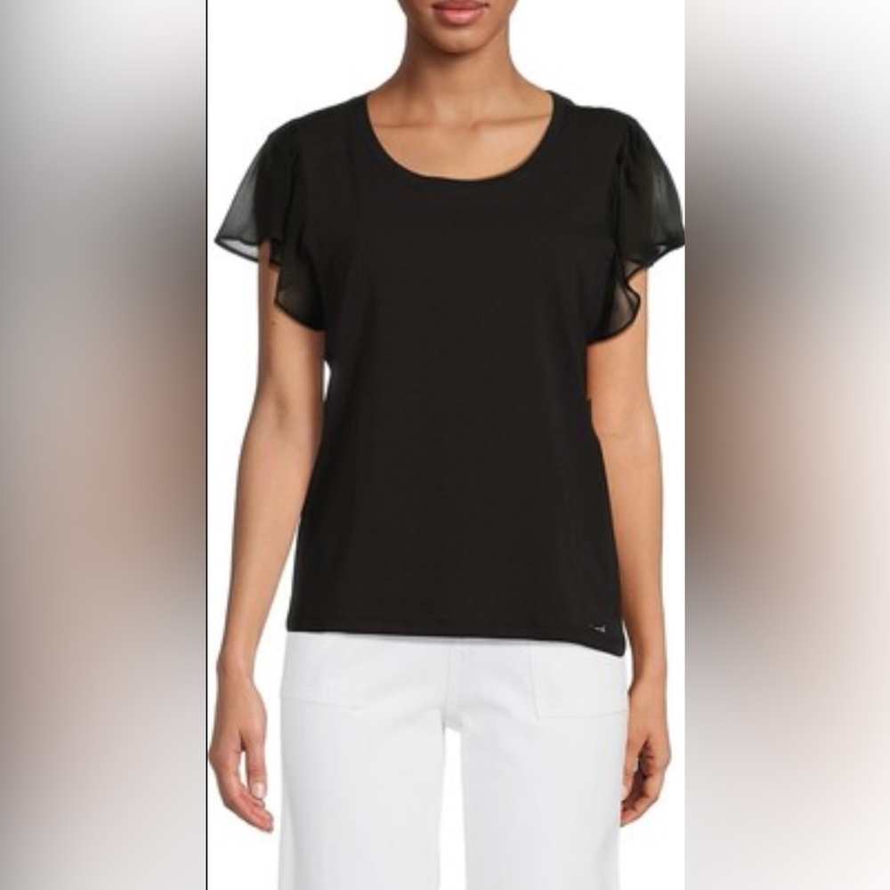 Calvin Klein Black Crewneck Blouse with Ruffled Chiffon Flutter Sleeve Large